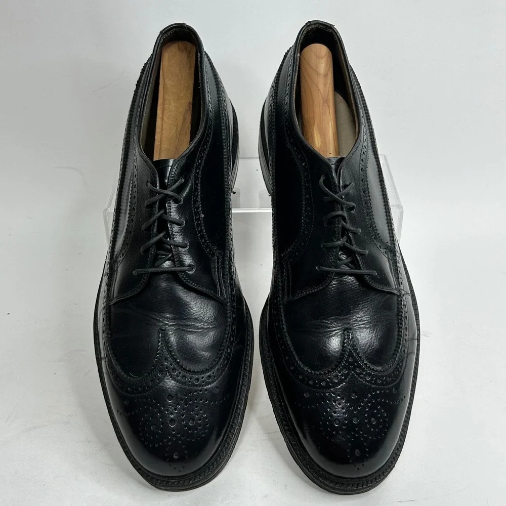 Vintage‎ Italian Mens Black Leather Wingtip Brogue Dress Shoes Nailed Heel 9.5